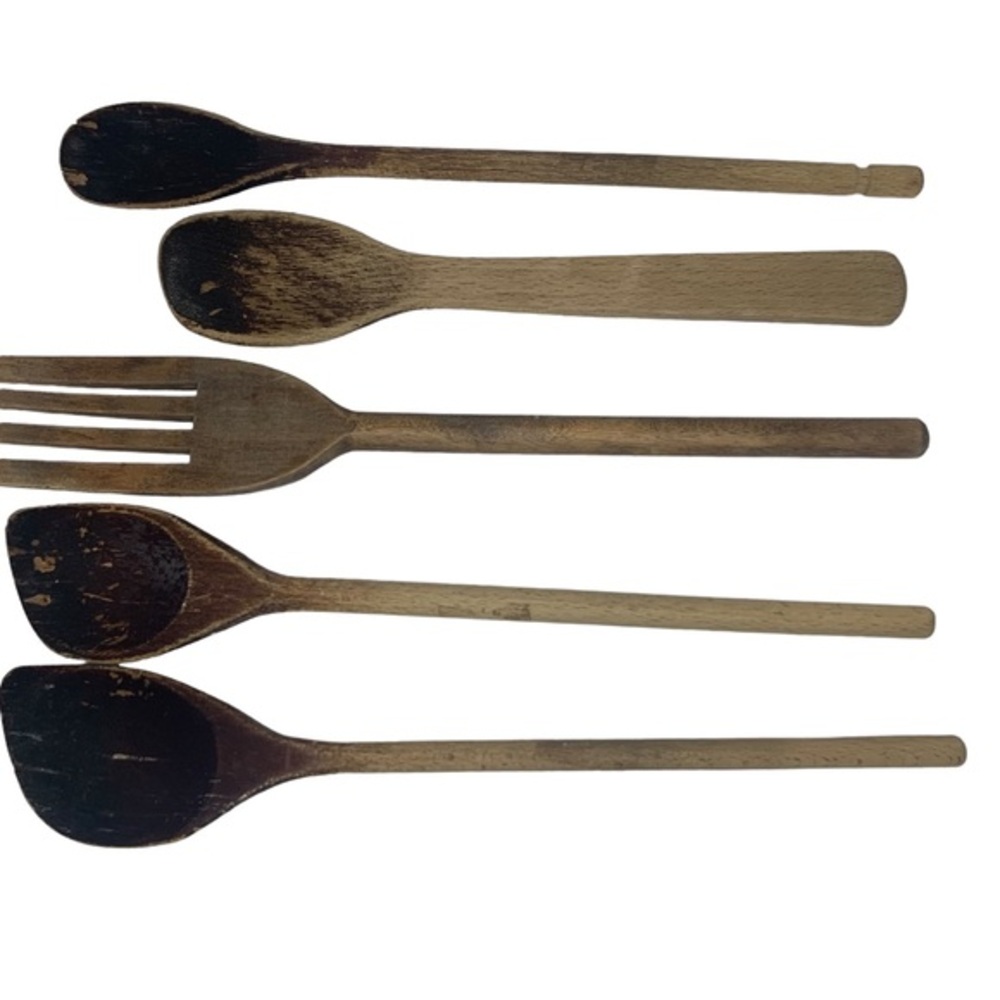 Set of 5 antique hand carved wooden spoons and cooking utensils